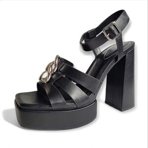 NWT Zara Chunky Black Platform Sandals with Chain Detail High Heels Size 8